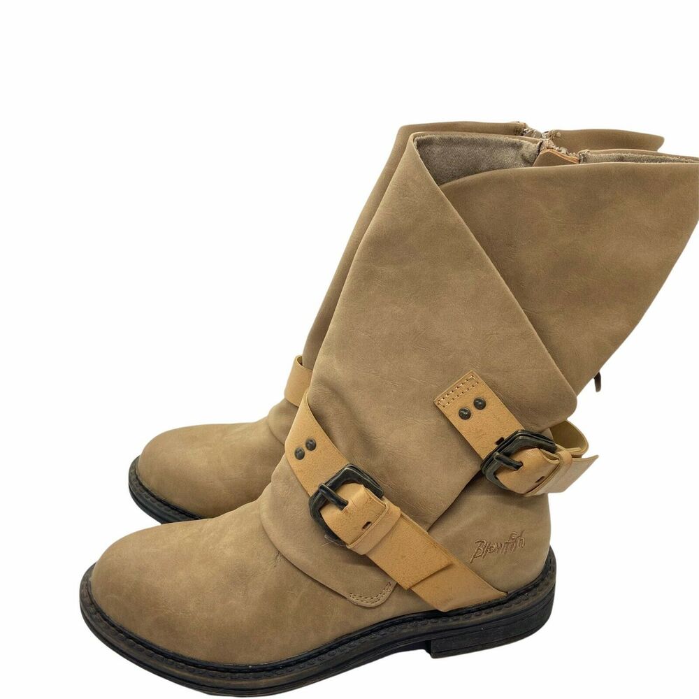 Blowfish Biker Steampunk Boots Buckle Tan Faux Leather Round Toe Mid Calf SZ 6.5
